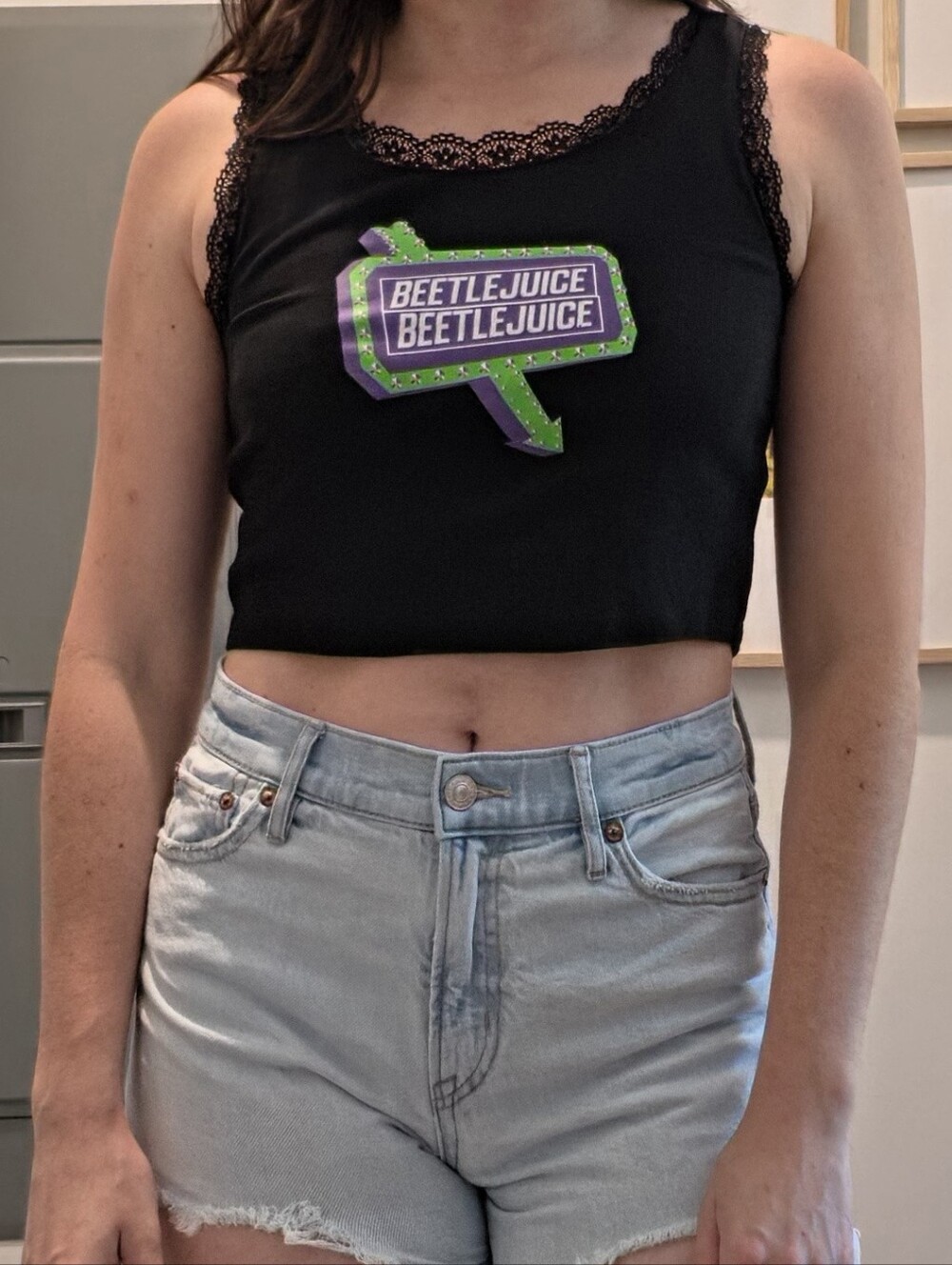 Beetlejuice Lace Trim Black Crop Tank Top | Tim Burton Goth Alt Y2K